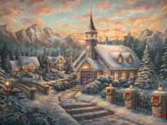 Christmas Service Painting Of A Church In A Snowy Village.