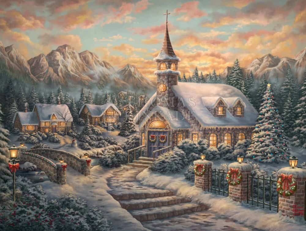 Christmas Service Painting Of A Church In A Snowy Village.