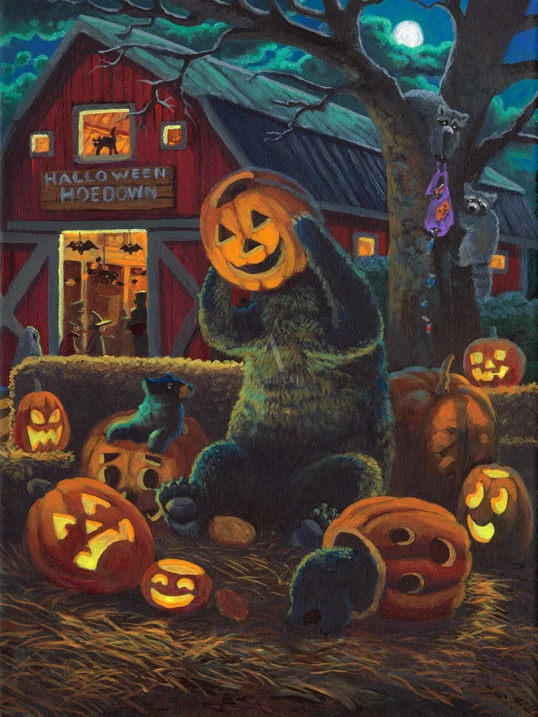 Halloween Mischief Painting Of Barns, Bears, Raccoons, And Jack-O-Lanterns By Zac Kinkade.