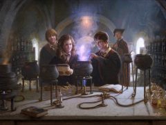 Hogwarts Students, Harry, Ron, And Hermione In Robes, Gather Around A Bubbling Cauldron Emitting Purple Fumes In A Potion Classroom.
