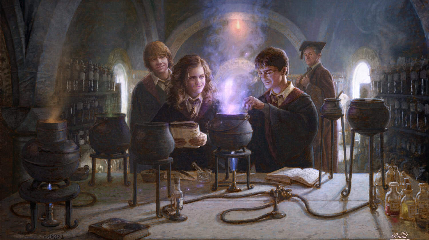 Hogwarts students, Harry, Ron, and Hermione in robes, gather around a bubbling cauldron emitting purple fumes in a potion classroom.