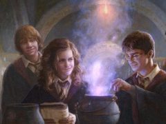 Hogwarts students, Harry, Ron, and Hermione in robes, gather around a bubbling cauldron emitting purple fumes in a potion classroom.