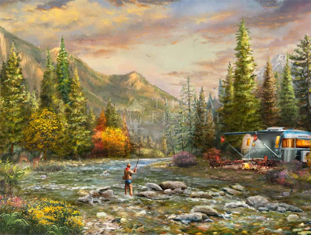 Living The Dream Painting Of Man Fishing In The Forest With Trailers.