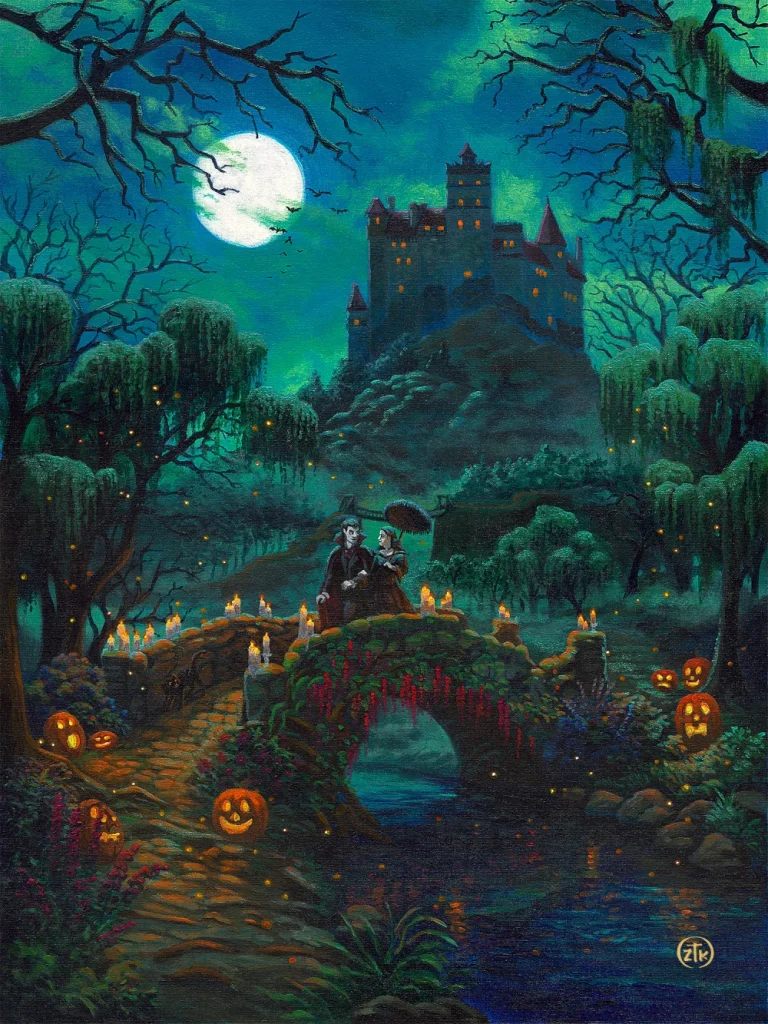 A Midnight Stroll Halloween Painting With Dracula, A Full Moon, Jack-O-Lanterns, And A Castle By Zac Kinkade.