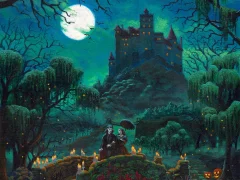 A Midnight Stroll Halloween Painting With Dracula, A Full Moon, Jack-O-Lanterns, And A Castle By Zac Kinkade.