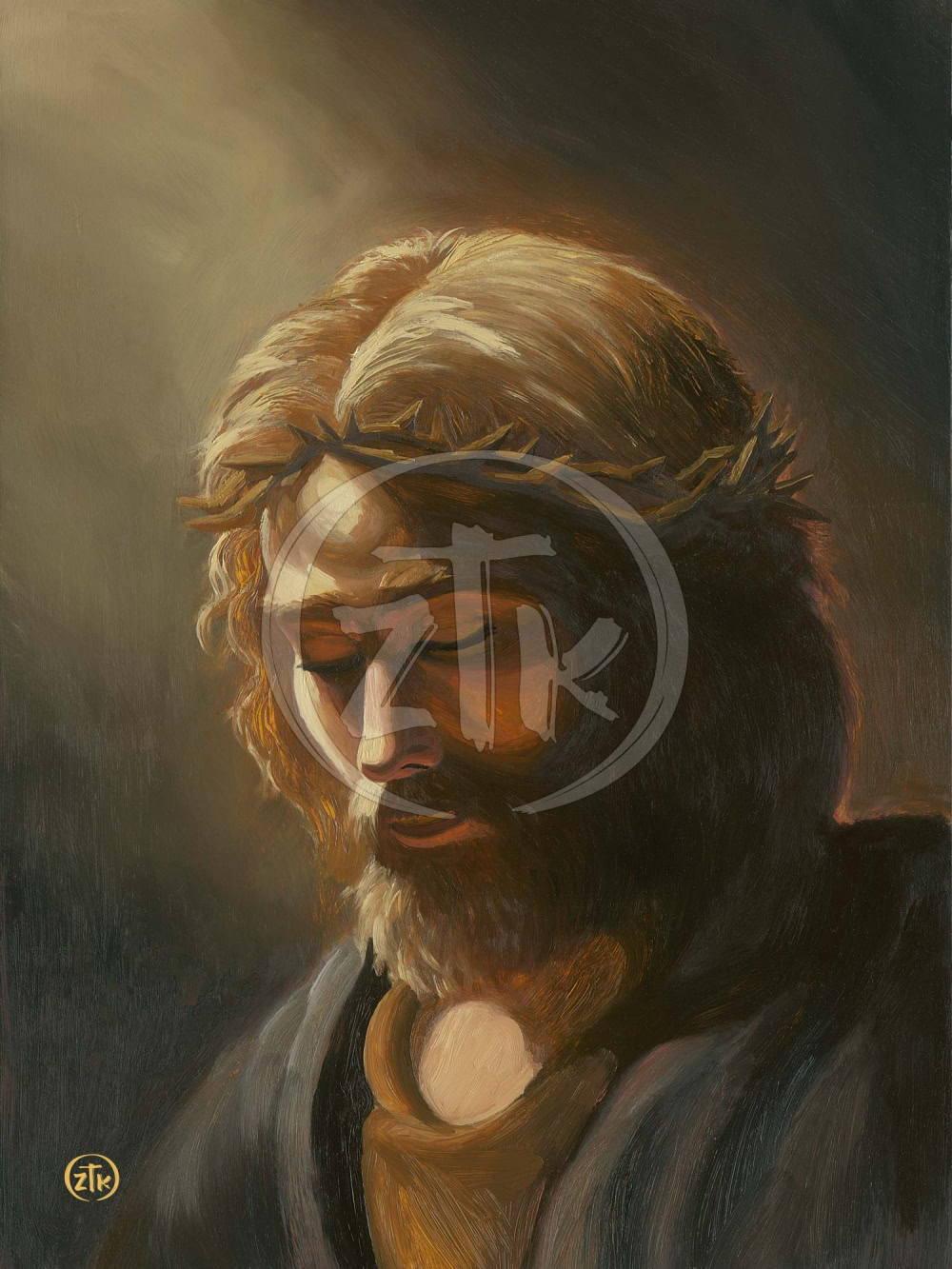 Zac Kinkade'S Painting Of Jesus Christ At Prayer In Dark Tones With Light From Above.