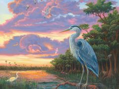 A Blue Herron Perches On A Limb Above Alligators And Crocodiles In Zac Kinkade'S Spirit Of The Everglades.
