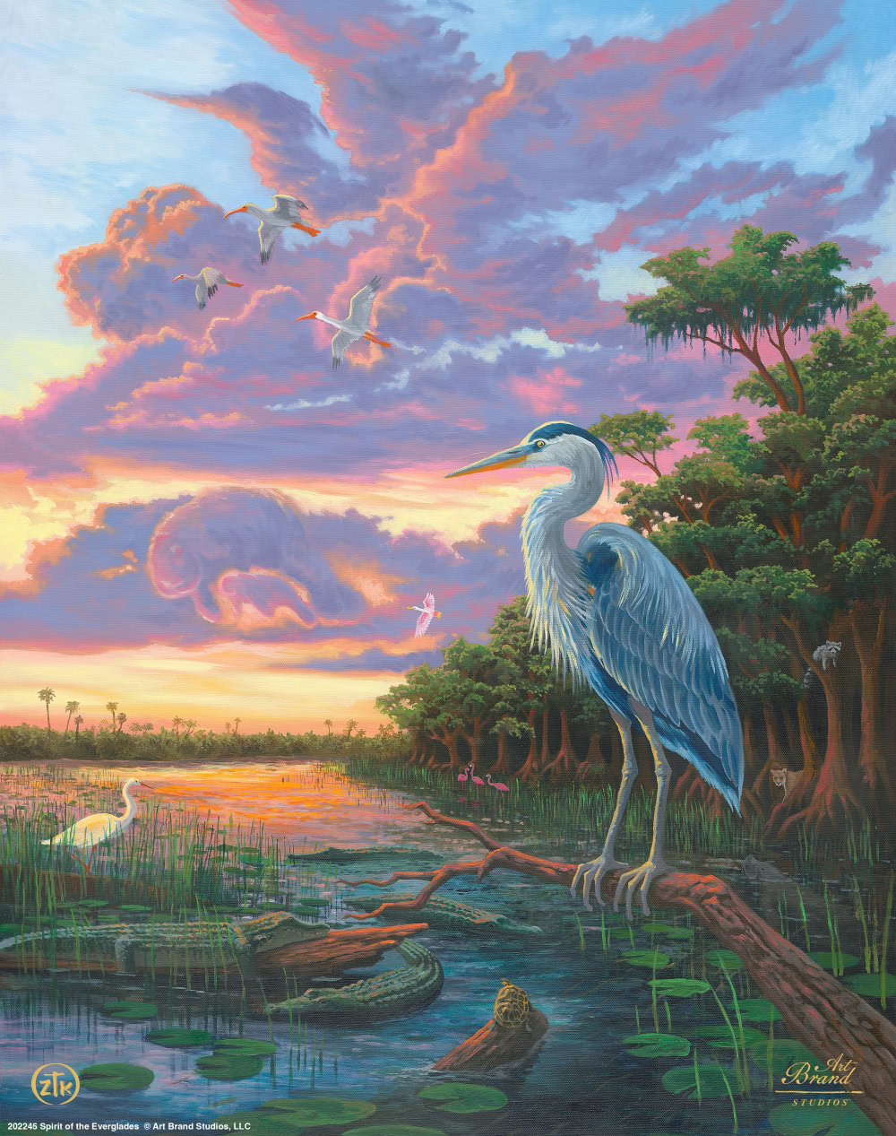 Spirit Of The Everglades 1 A Blue Herron Perches On A Limb Above Alligators And Crocodiles In Zac Kinkade'S Spirit Of The Everglades.