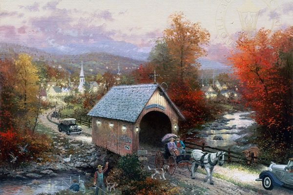 A Horse-Drawn Carriage Going Through A Covered Bridge On A Wet Fall Day. Country Memories By Thomas Kinkade
