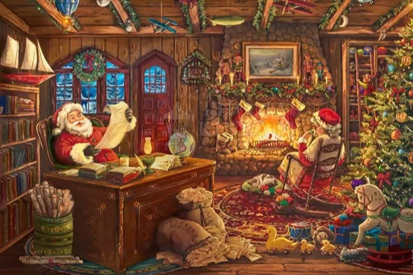 Santa And Mrs. Claus Are In A Warm And Cozy Room With Santa Claus At A Desk Checking A List And Mrs. Claus Knitting By The Fire. Toys And Christmas Decorations Are All Around The Room. Santa Checking His List By Thomas Kinkade Studios