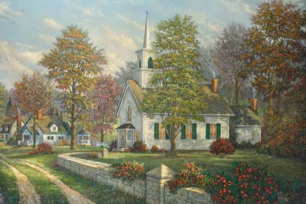 Serenity Chapel By Thomas Kinkade Studios. A Small-Town Church In Dappled Sunlight Surrounded By Trees And Short Stone Fence.