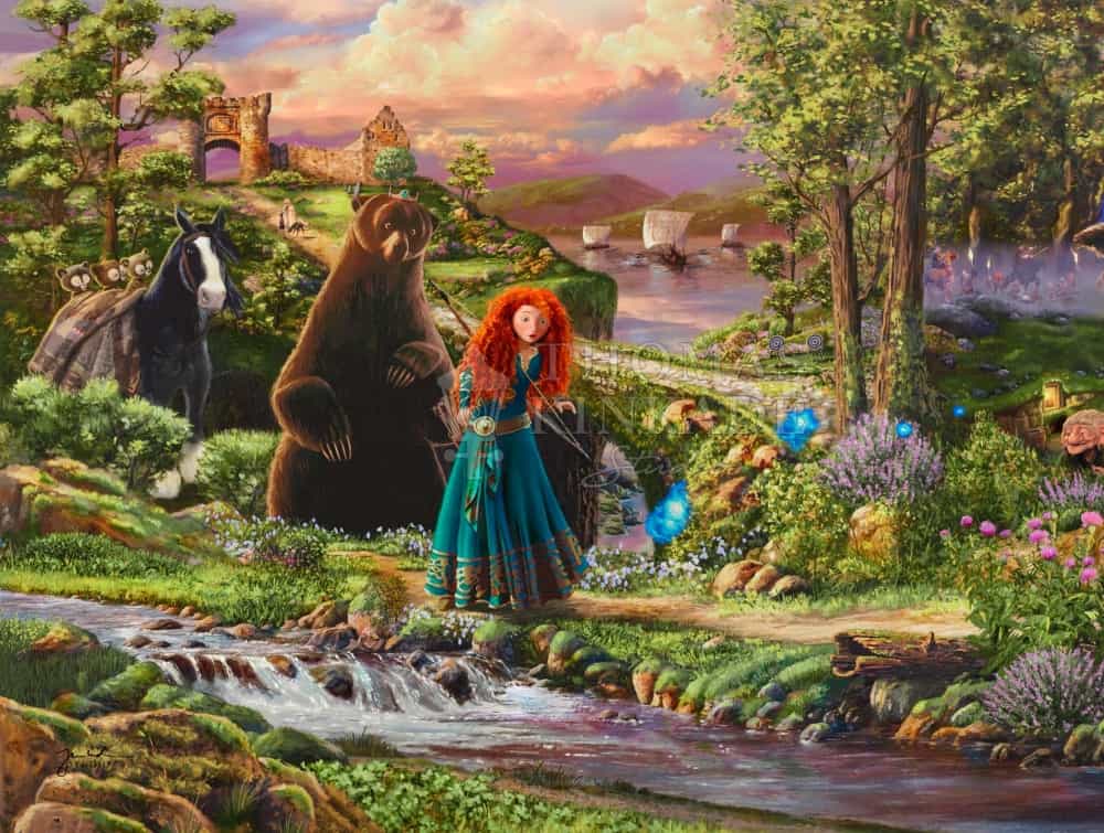A Painting Of Disney &Amp; Pixar Film'S Movie, Brave Depicting Merida, Her Mother As A Bear, And Her Horse, Angus Walking In A Green Landscape About To Cross A River.