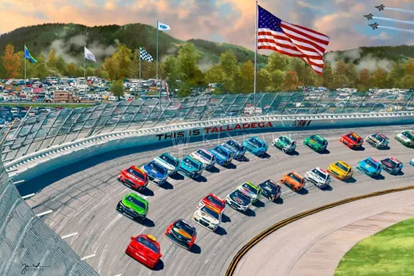 An Overhead Point Of View Painting Of A Car Race. Nascar Talladega By Thomas Kinkade Studios