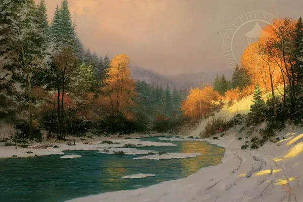 An Early Snow Blankets The Banks Of A Small River Near Placerville, Ca, While The Trees Turn Red, Gold, And Orange Around It. Autumn Snow By Thomas Kinkade.