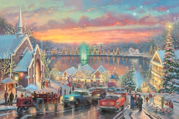 Christmas Town Painting Featuring Busy Streets During The Holidays.