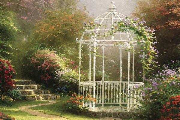 A Plein Air Painting Of A White Gazebo Next To Some Stone Steps With Lilac Flowers Climbing The Side. Lilac Gazebo By Thomas Kinkade