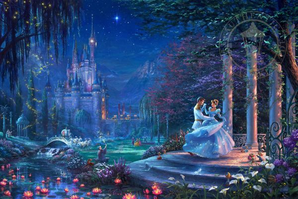 A Thomas Kinkade Painting Where Cinderella And The Prince Dance Under The Moonlight With Symbols Of Her Journey All Around