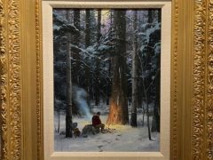 Thomas Kinkade Original Painting - Warming Up. Man Warming Hands By Fire In Forest.