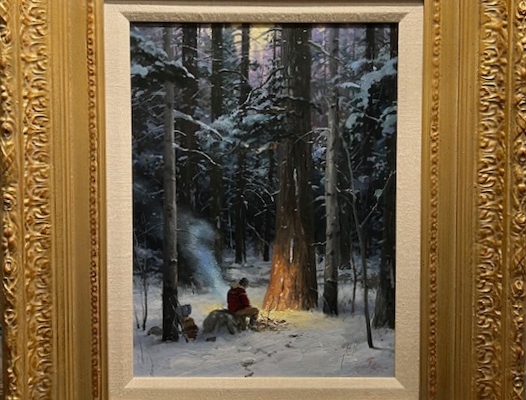 Thomas Kinkade Original Painting - Warming Up. Man Warming Hands By Fire In Forest.