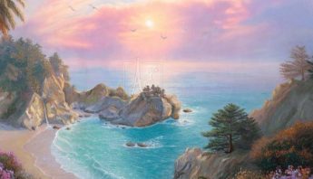 Mcway Cove Sanctuary By Francisco Caballero. The Rising Sun Turns The Sky Over Big Sur And The Ocean Purple And Orange, With Blooms Littering The Foreground.