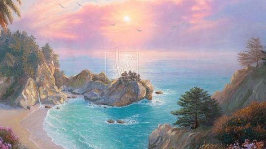Mcway Cove Sanctuary By Francisco Caballero. The Rising Sun Turns The Sky Over Big Sur And The Ocean Purple And Orange, With Blooms Littering The Foreground.