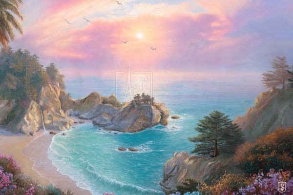 Mcway Cove Sanctuary By Francisco Caballero. The Rising Sun Turns The Sky Over Big Sur And The Ocean Purple And Orange, With Blooms Littering The Foreground.