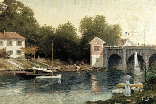 “Peaceful Riverside Scene Featuring Two Women By The Water’s Edge, One Holding A Parasol Beside Small Boats. A Stone Bridge With Arched Openings And A Flag On Top Crosses The Calm River, While Trees And Quaint Houses Line The Shore Under A Soft, Hazy Sky.